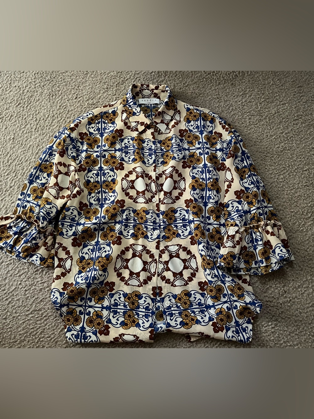 Sandro Women's Beige Patterned Button-Up Blouse with Blue & brown print - Picture 2 of 5